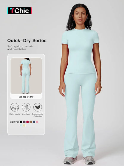 Women's Sporty Two-Piece Set, Quick-Dry Slim Fit T-Shirt & High Waist Yoga Pants