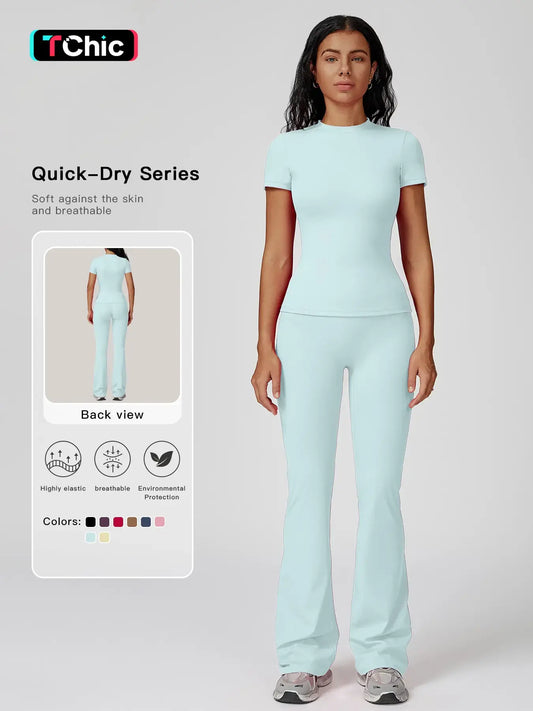 Women's Sporty Two-Piece Set, Quick-Dry Slim Fit T-Shirt & High Waist Yoga Pants