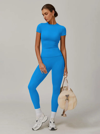 Women's Solid Color Top & High Waist Leggings Sports Set, Casual Comfy Breathable Two-piece Sports…