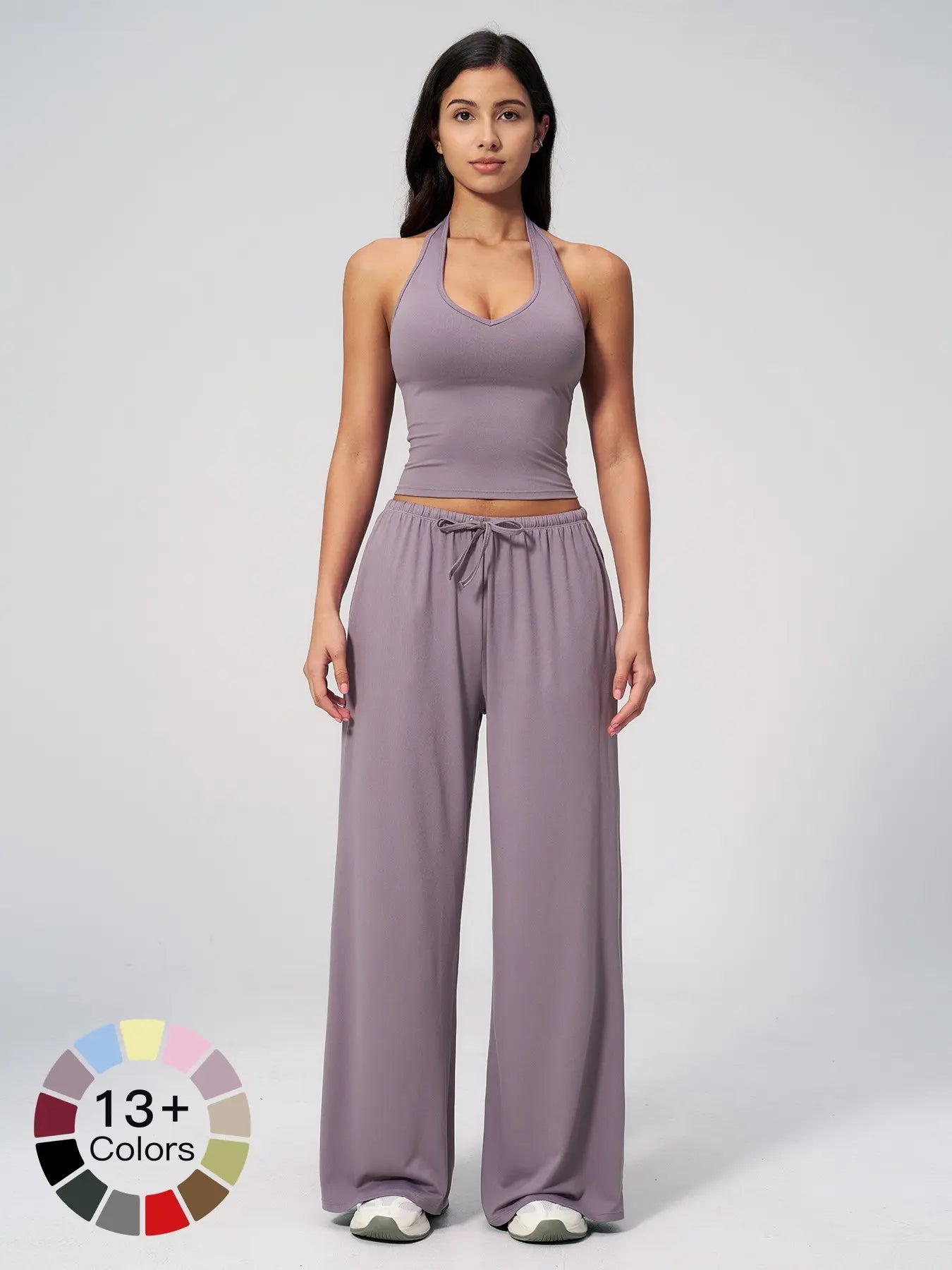 Women's Solid Halter Neck Top & Wide Leg Pants Sports Set, Casual Sleeveless Top & Pants for Daily…