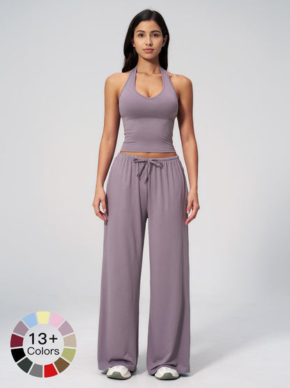 Women's Solid Halter Neck Top & Wide Leg Pants Sports Set, Casual Sleeveless Top & Pants for Daily… - image 30