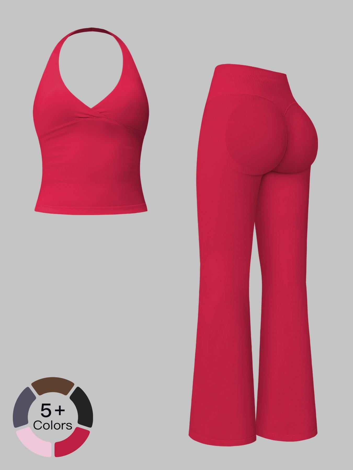 V-Neck Yoga Set for Women, Halter Neck Slim Fit Backless Vertical Ribbed Sports Fitness Yoga Wear - image 20