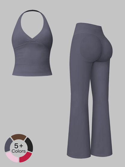 V-Neck Yoga Set for Women, Halter Neck Slim Fit Backless Vertical Ribbed Sports Fitness Yoga Wear - image 19