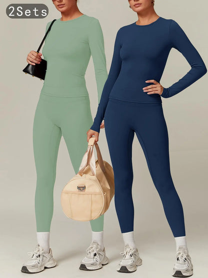 Women’s Quick Dry Long Sleeve & High Waist Leggings Sets for Fitness
