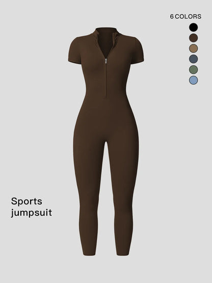 Women's Solid Zipper Mock Neck Sports Jumpsuit, Summer Outfits 2024