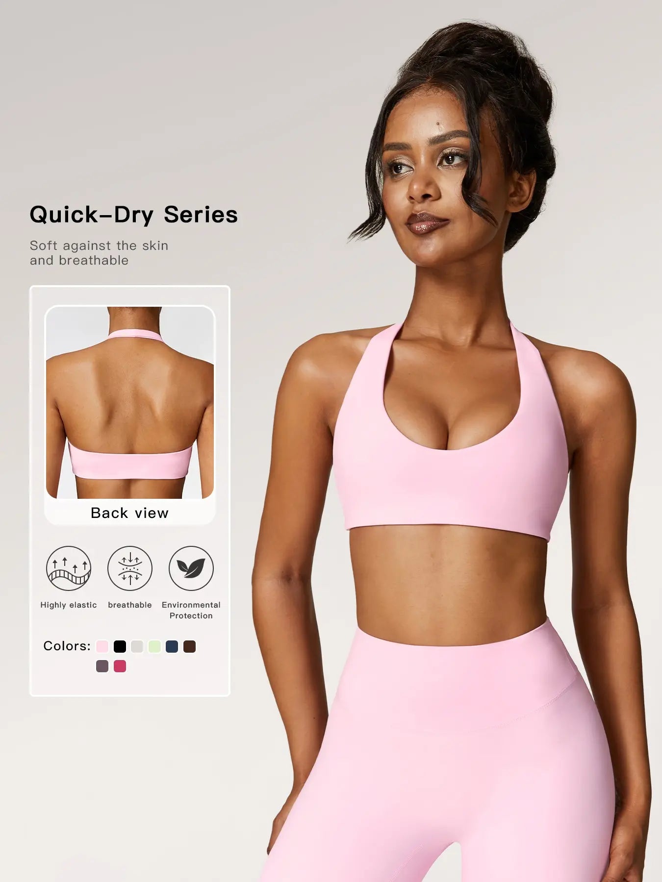 Women's Solid Wireless Halter Sports Bra, Breathable Comfortable High Stretch Sports Bra