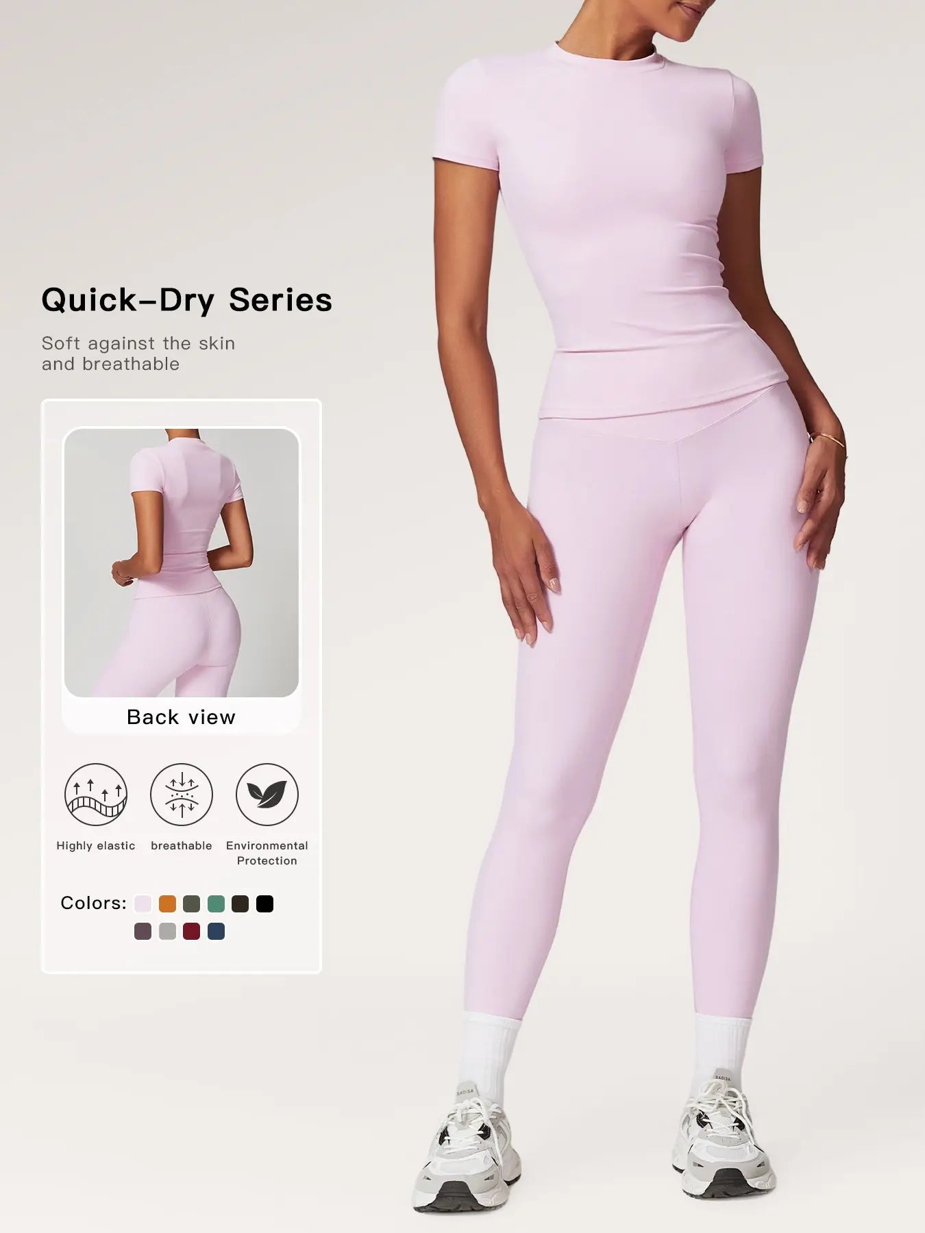 Women's Plain Round Neck Crop Tee & High Waist Leggings Tracksuit Set, Athleisure Workout Set