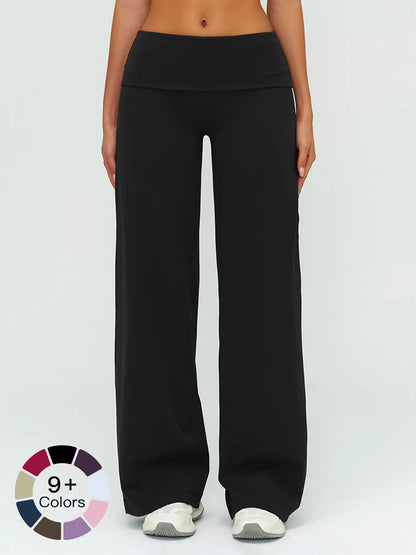 Fleece Long Pants, Folded Waist Loose Wide Leg Slimming Pants