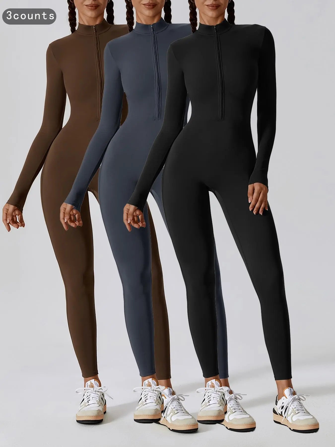 Women's Solid Zip Up Long Sleeve Sports Jumpsuit