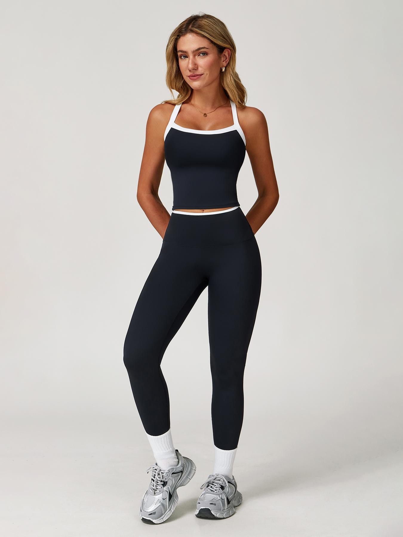 Women's Yoga Set, Colorblock Crisscross Backless Crop Top & High Waist Leggings - image 14