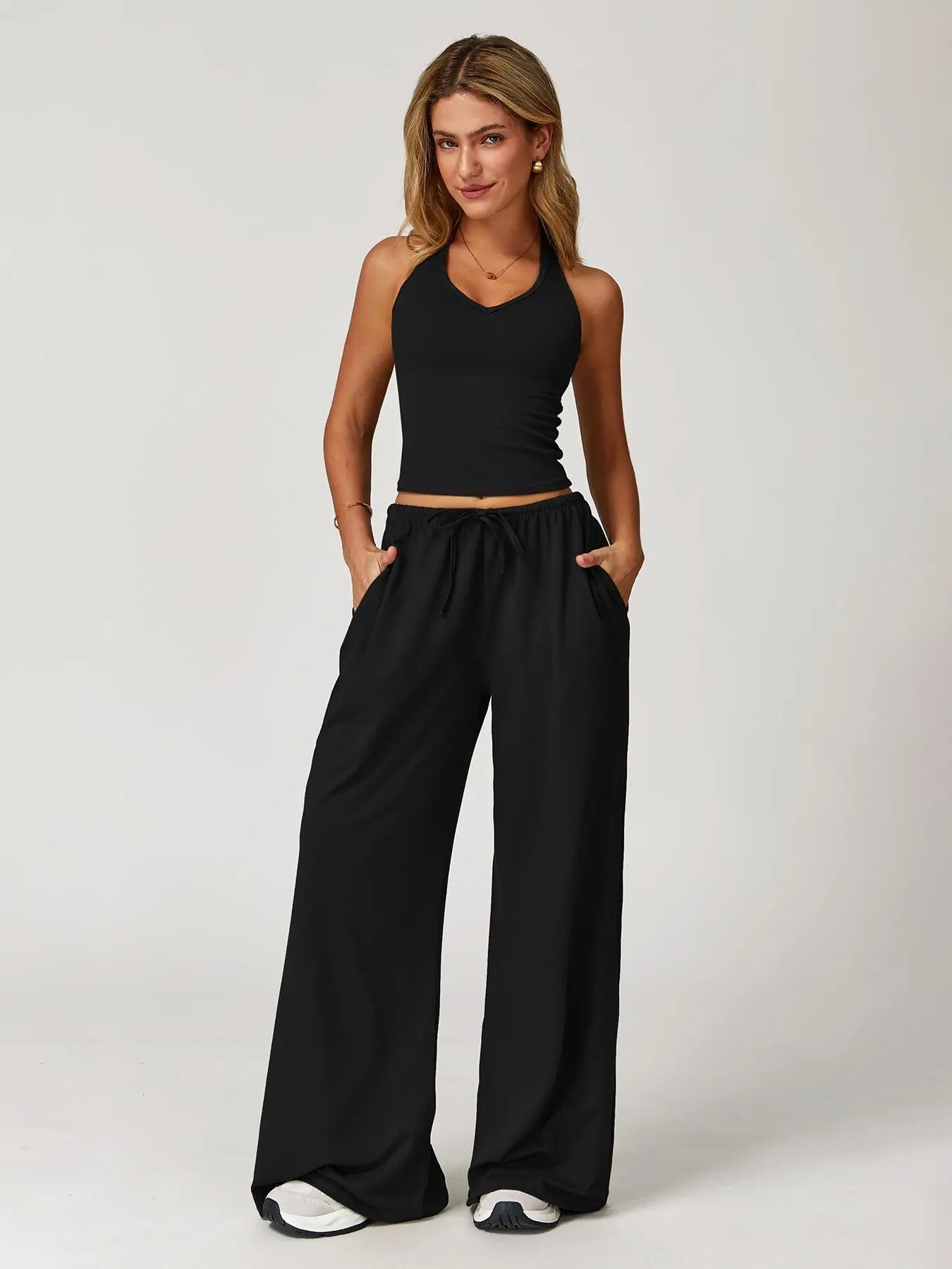 Women's Solid Halter Neck Top & Wide Leg Pants Sports Set, Casual Sleeveless Top & Pants for Daily… - image 4