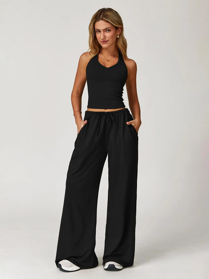 Women's Solid Halter Neck Top & Wide Leg Pants Sports Set, Casual Sleeveless Top & Pants for Daily…