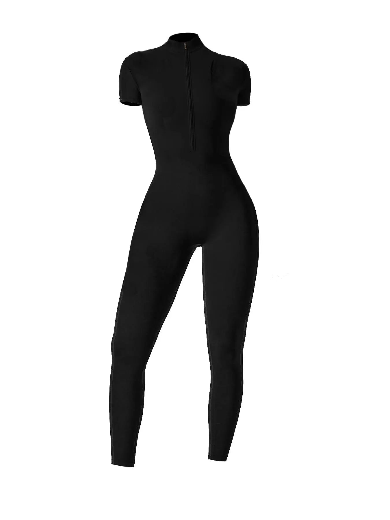 Women's Solid Short Sleeve Half Zip Sports Jumpsuit, Stretchy Jumpsuit - image 6