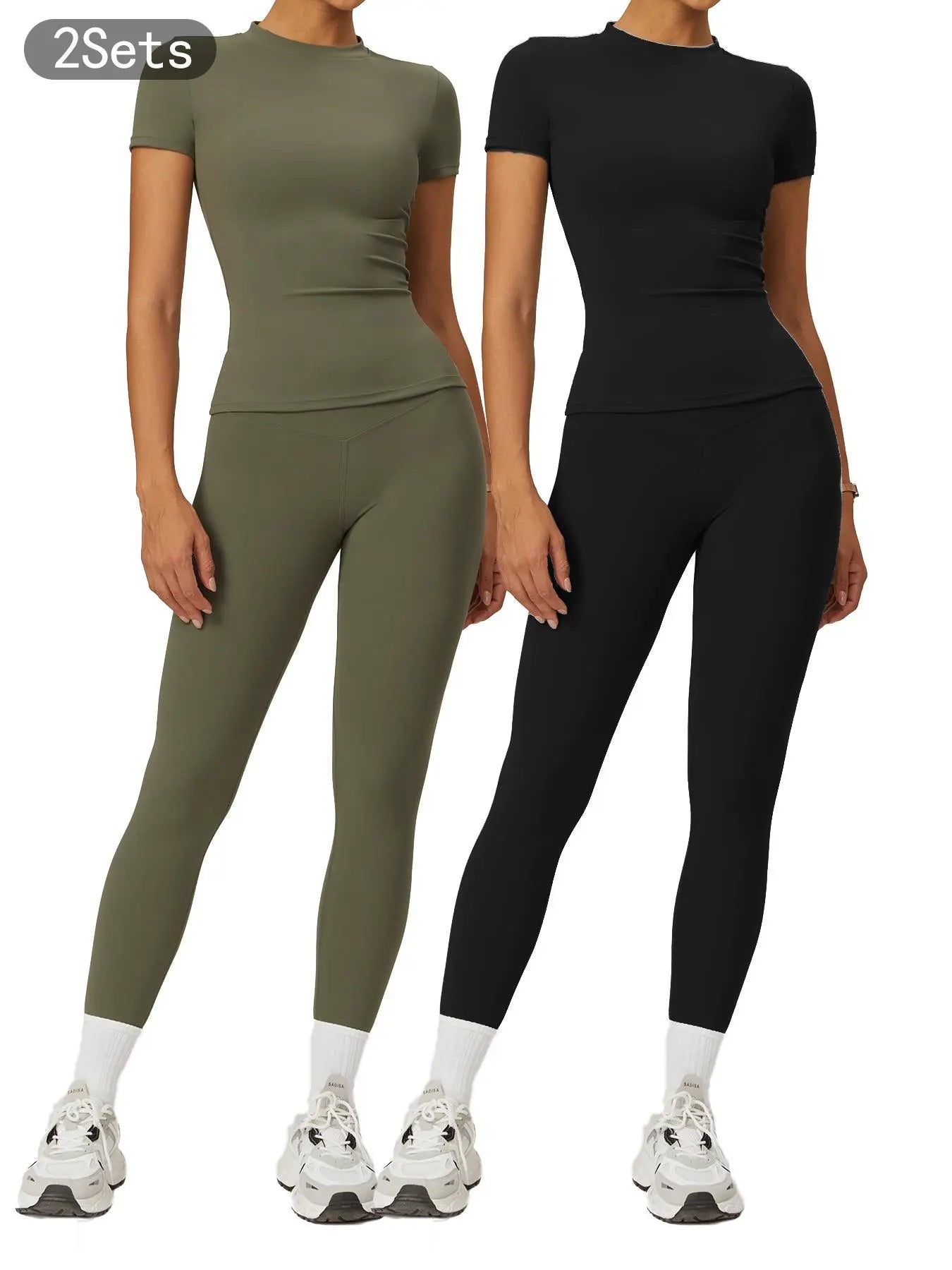 Women's Plain Round Neck Crop Tee & High Waist Leggings Tracksuit Set, Athleisure Workout Set