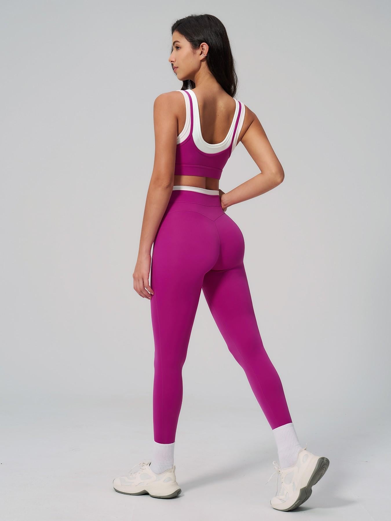 Women's Two-Piece Colorblock Yoga Set, High-Waisted Ribbed Casual Fitness Sportswear - image 16