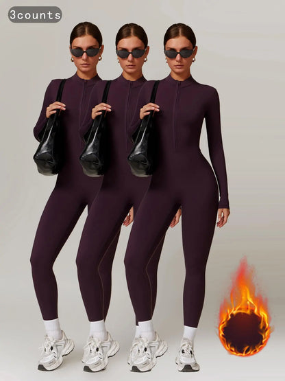 Women's Solid Zip-up Skiing Jumpsuit - Sporty Activewear