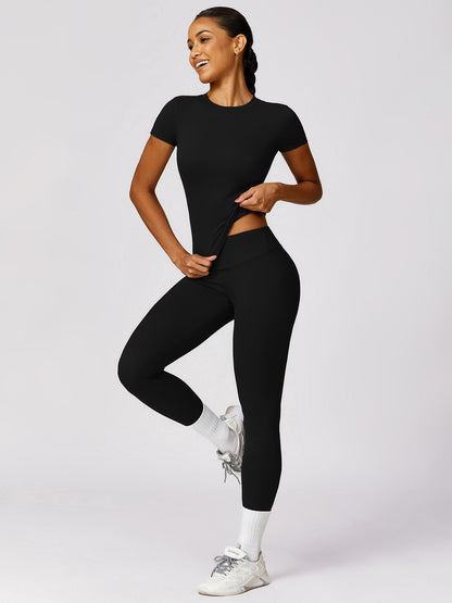 Women's Plain Round Neck Crop Tee & High Waist Leggings Tracksuit Set, Activewear Set - image 17