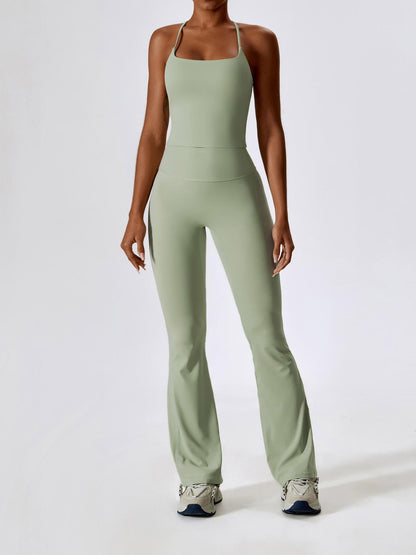 Two-Piece Set Women's Solid Criss Cross Backless Cami Top & Flare Leg Pants, Fitness Activewear - image 14