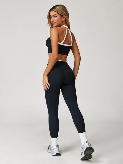 Women's Yoga Set, Colorblock Crisscross Backless Crop Top & High Waist Leggings - image 15