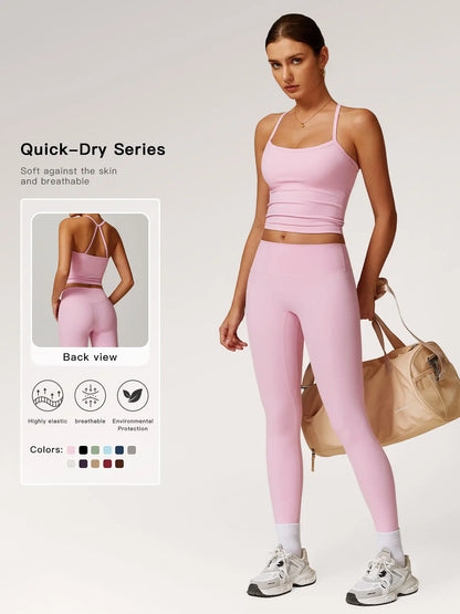 Women's Solid Cut Out Backless Cami Top & High Waist Leggings Tracksuit Set, Sporty Comfy Breathable…