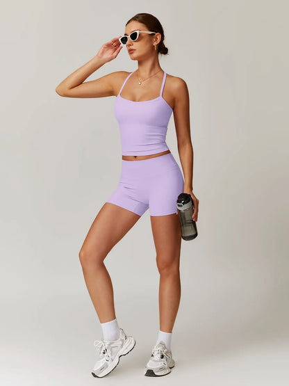 Women's Backless Cami Top & High Waist Shorts Tracksuit Set