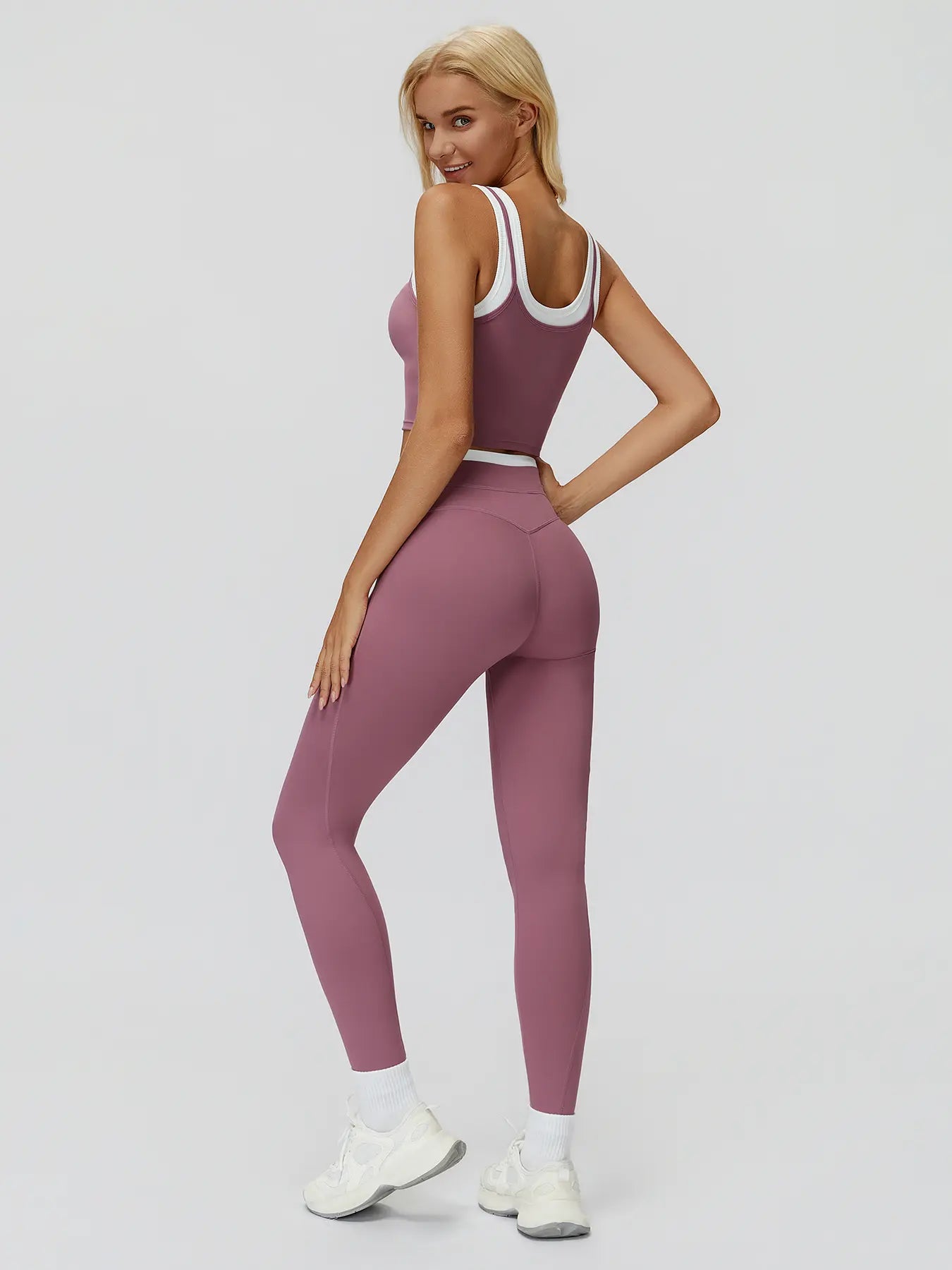 Women's Two-Piece Colorblock Yoga Set, High-Waisted Ribbed Casual Fitness Sportswear - image 7