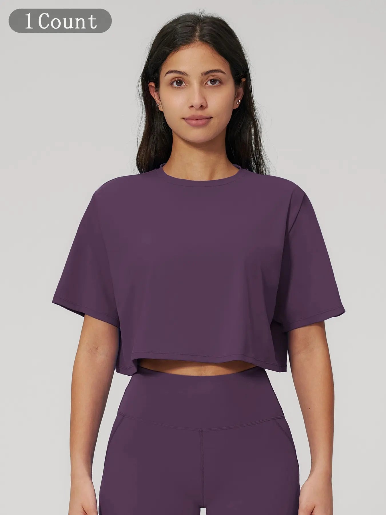 Women's Sporty Short Sleeve Yoga Top, Loose Fit Round Neck Crop Tee