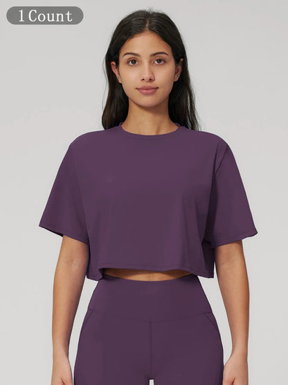 Women's Sporty Short Sleeve Yoga Top, Loose Fit Round Neck Crop Tee