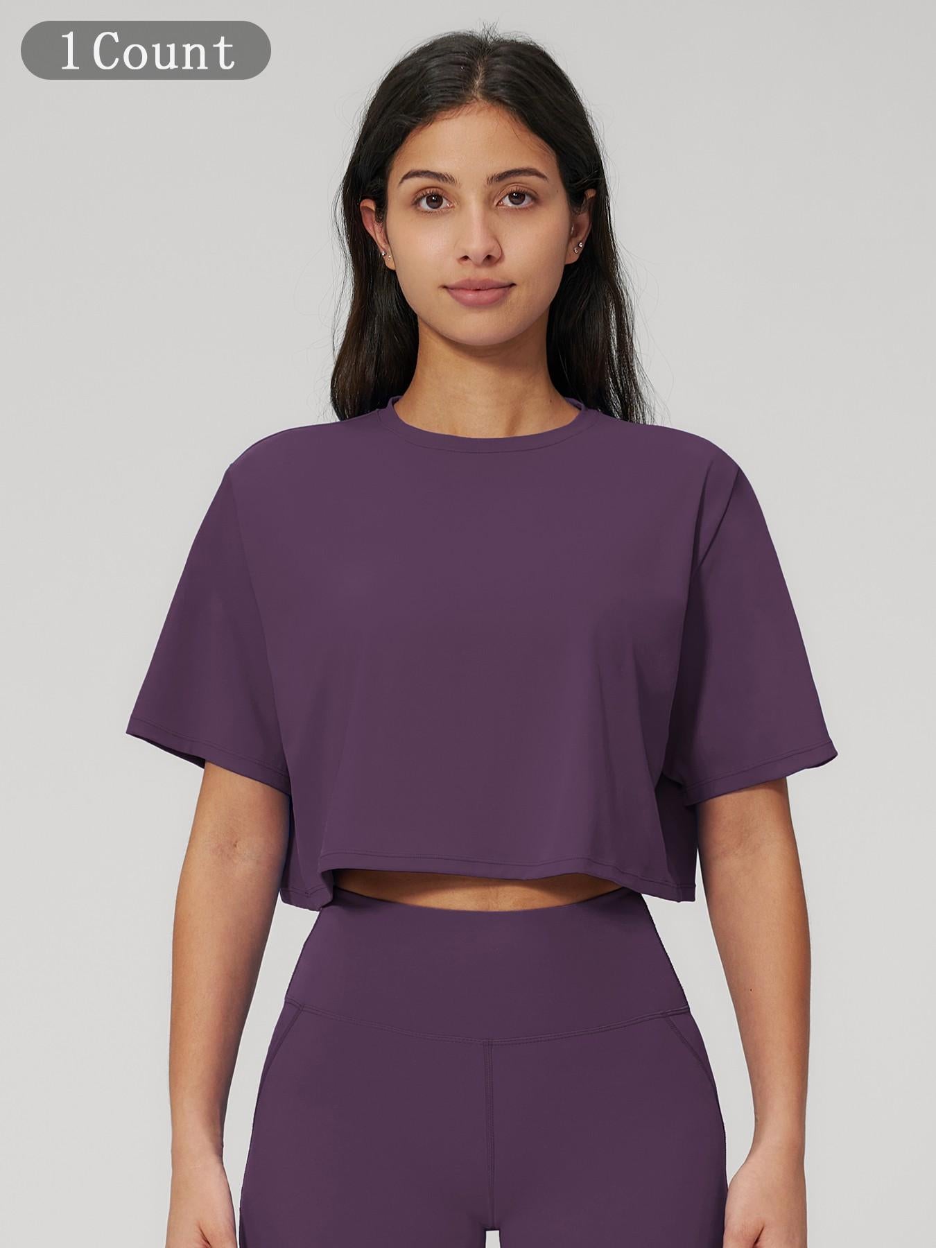 Women's Sporty Short Sleeve Yoga Top, Loose Fit Round Neck Crop Tee - image 18