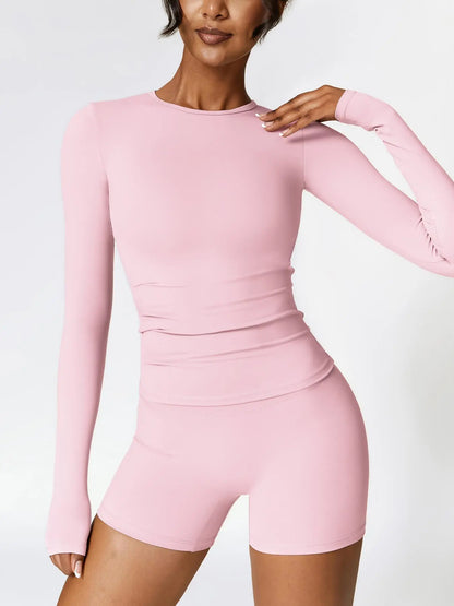 Women's Solid Round Neck Sports Tee & High Waist Shorts Set