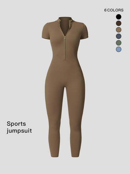 Women's Solid Zipper Mock Neck Sports Jumpsuit, Summer Outfits 2024 - image 18