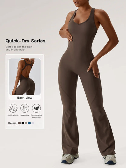 Women's Solid Cut Out Backless Sports Tummy Control Jumpsuit, Quick Drying U Neck Sleeveless Jumpsuit…