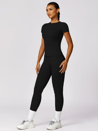 Women's Plain Round Neck Crop Tee & High Waist Leggings Tracksuit Set, Activewear Set - image 15