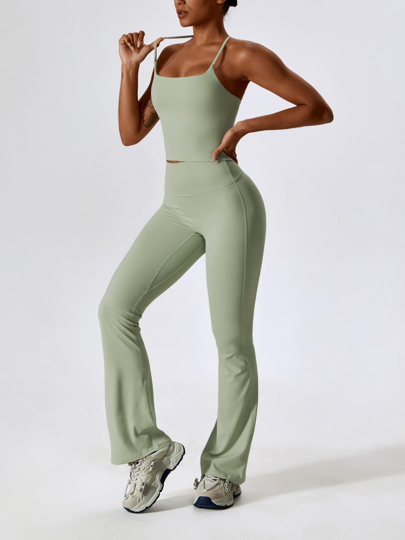 Two-Piece Set Women's Solid Criss Cross Backless Cami Top & Flare Leg Pants, Fitness Activewear - image 18