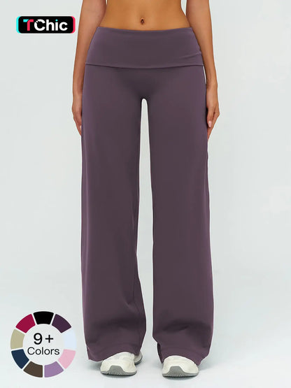 Fleece Long Pants, Folded Waist Loose Wide Leg Slimming Pants