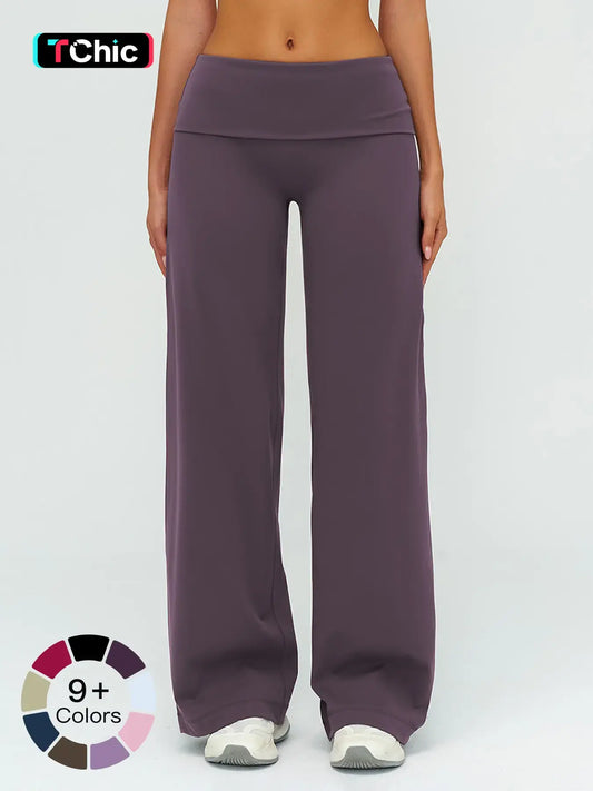 Fleece Long Pants, Folded Waist Loose Wide Leg Slimming Pants