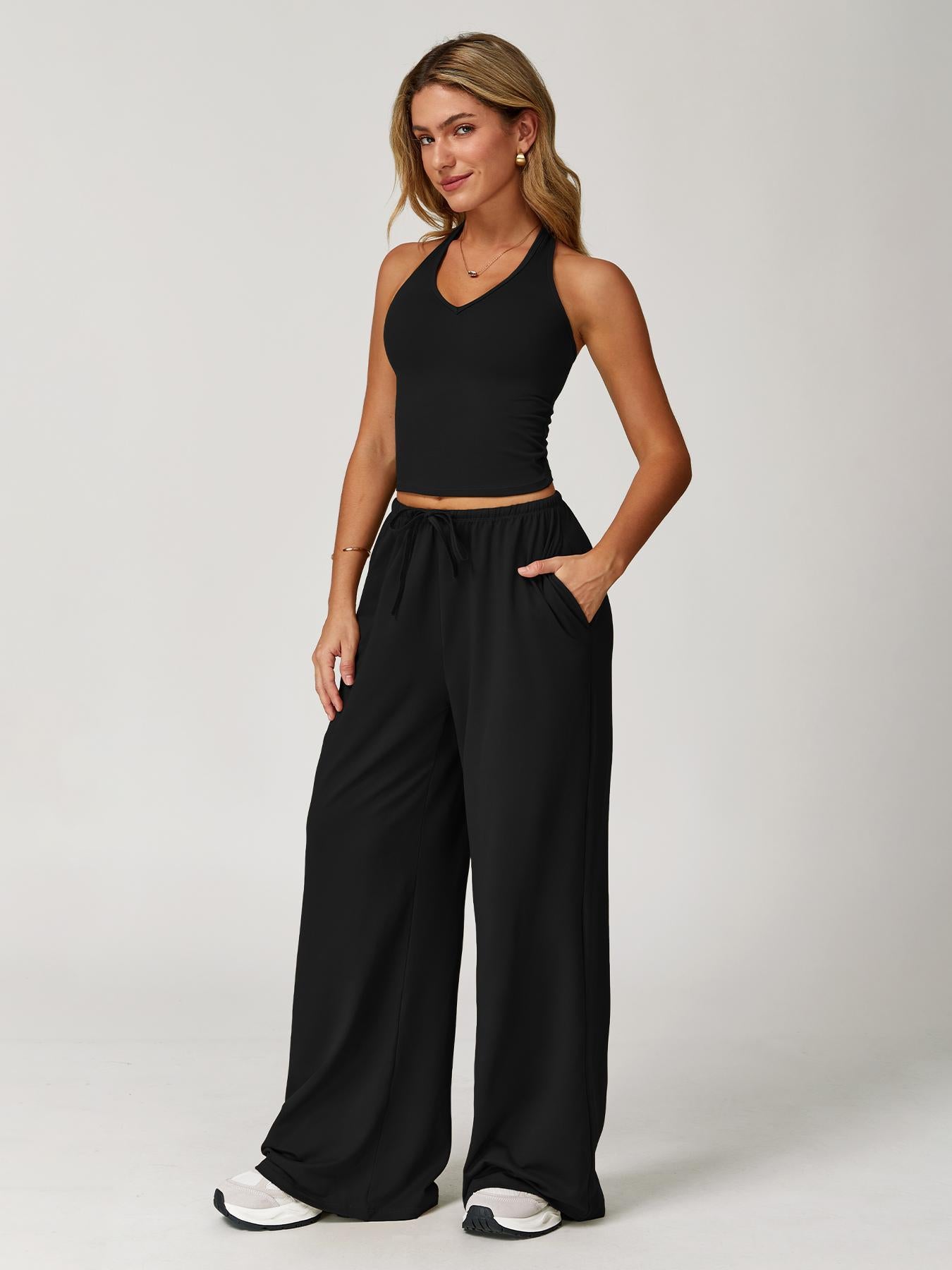 Women's Halter Neck Top & Wide Leg Pants Sports Set, Casual Sleeveless Top & Pants - image 14