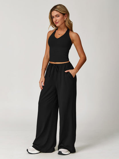 Women's Halter Neck Top & Wide Leg Pants Sports Set, Casual Sleeveless Top & Pants - image 14