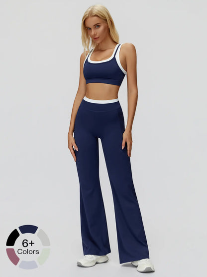 Women's Two-Piece Colorblock Yoga Set, High-Waisted Ribbed Casual Fitness Sportswear