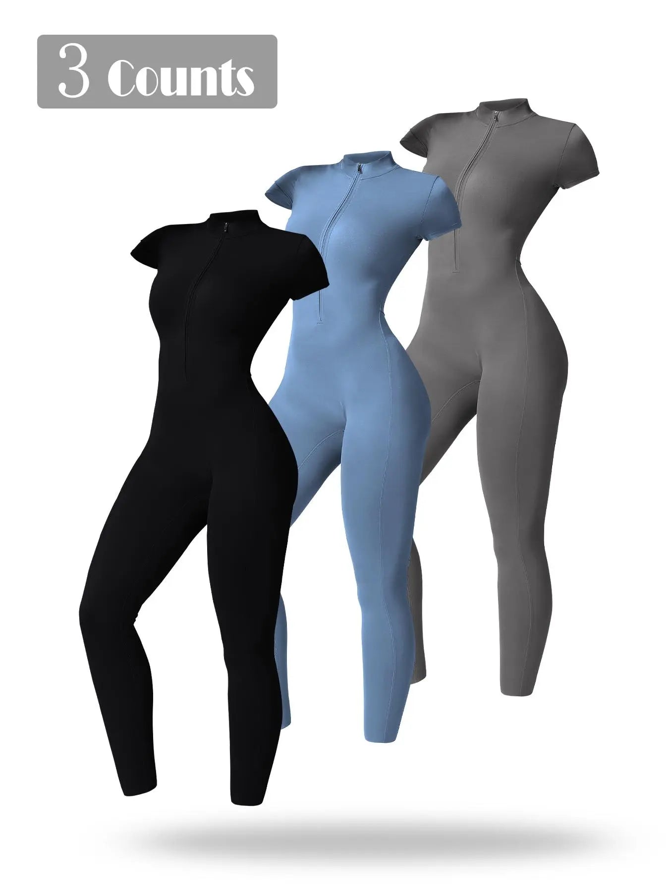 Women's Solid Short Sleeve Half Zip Sports Jumpsuit, Stretchy Jumpsuit