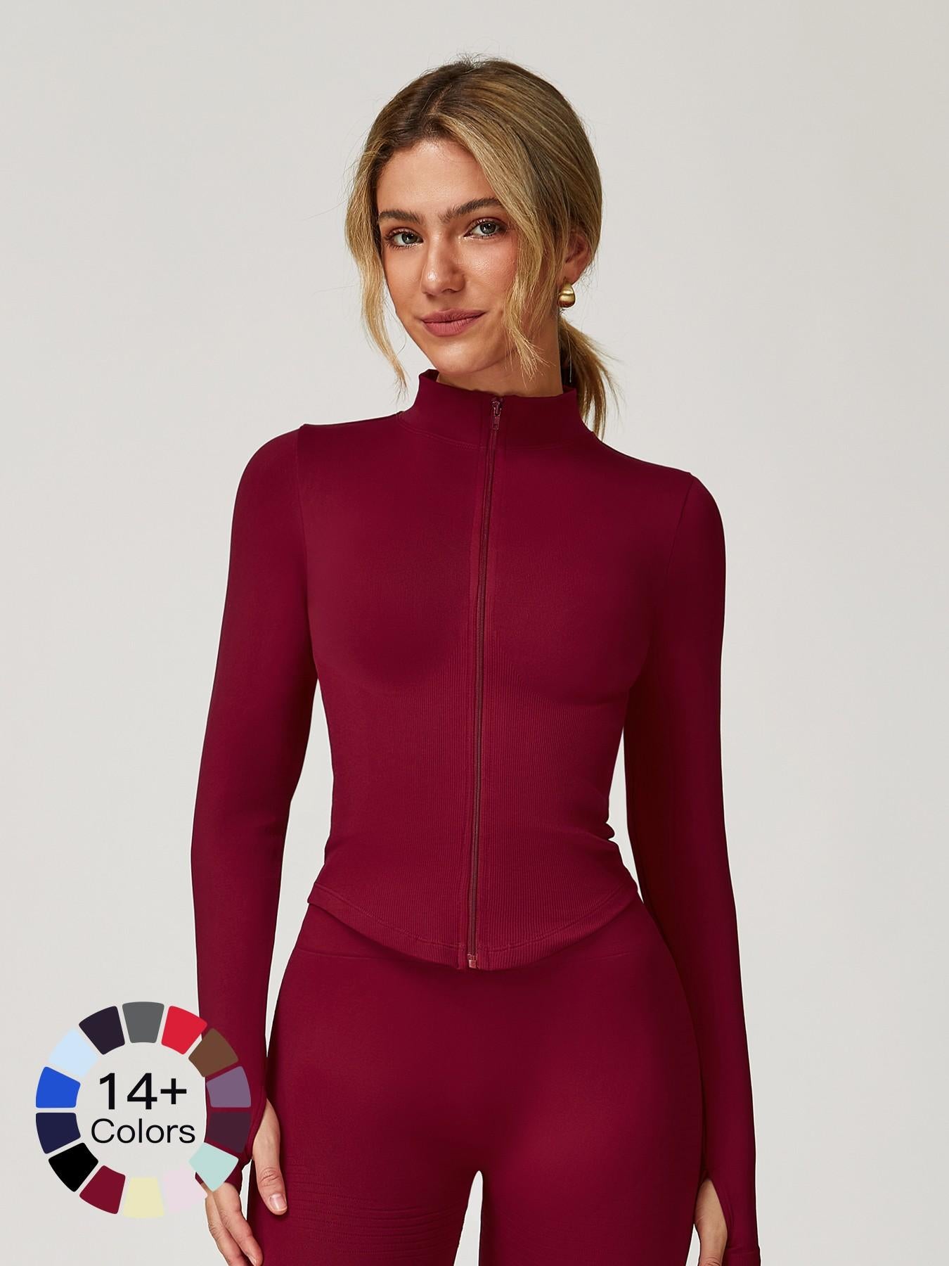 Women's Stand Collar Zipper Long Sleeve Yoga Jacket, Tight Fit Quick-Dry Yoga Wear - image 29