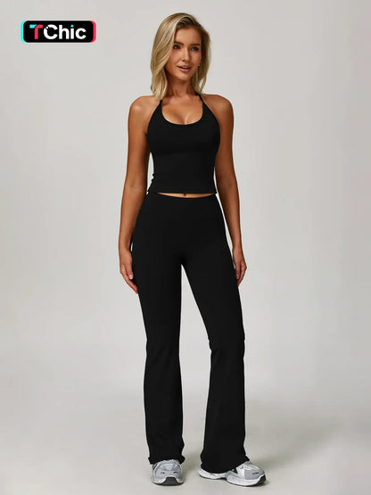 Women's Solid Backless Halter Top & Pants Sports Set, Casual Sporty Two-piece Outfits for Yoga Gym…