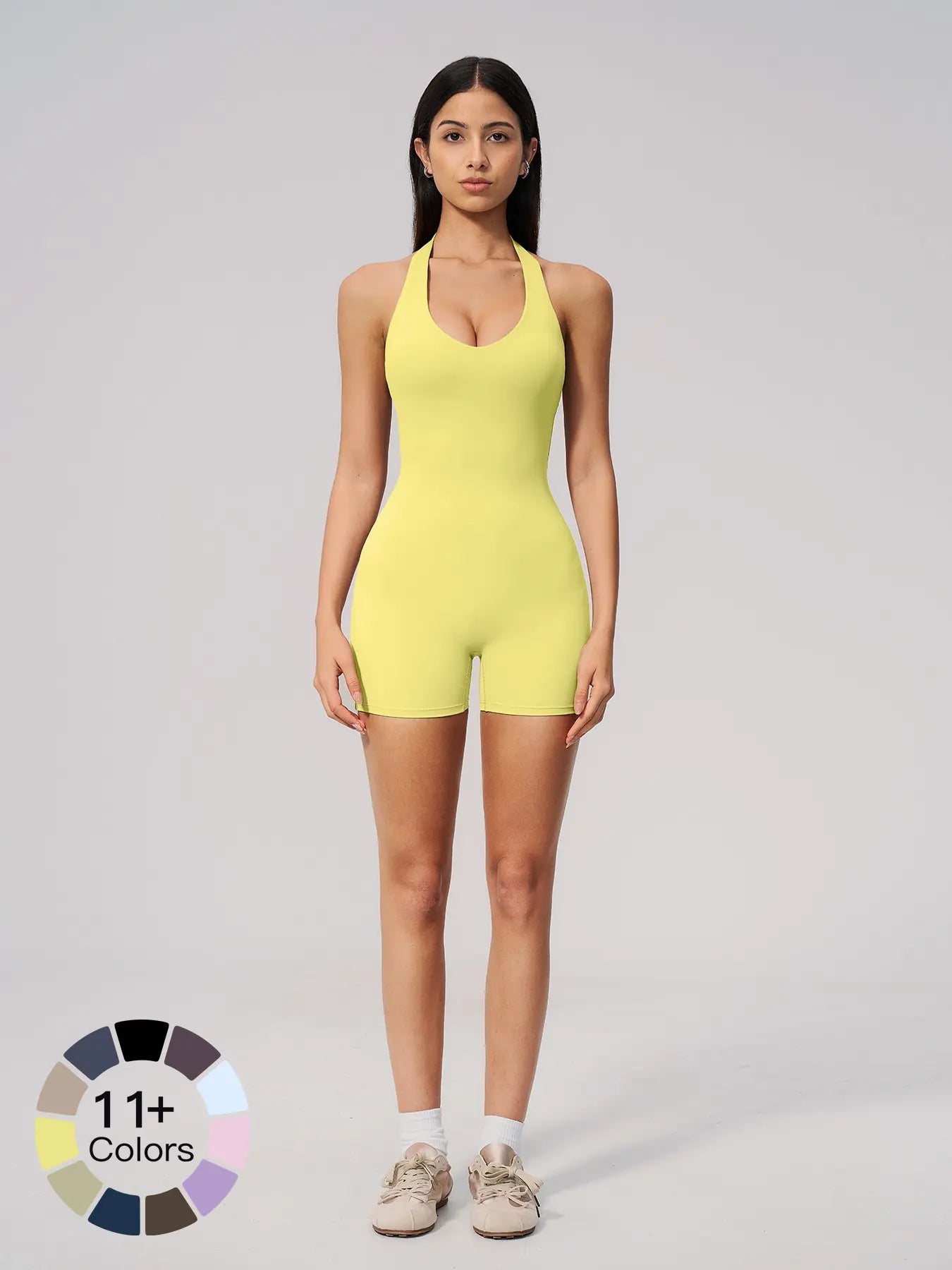 Women's V-Neck Backless Halter Neck One-Piece Gym Wear, Slim Fit Romper