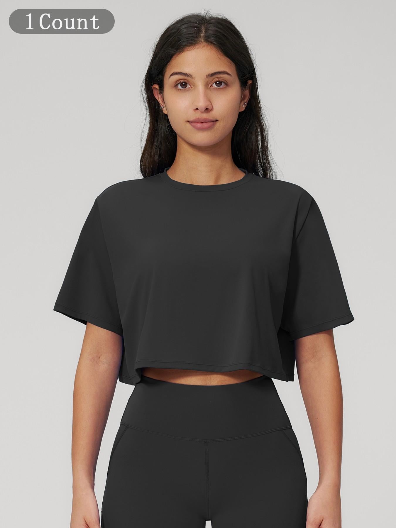Women's Sporty Short Sleeve Yoga Top, Loose Fit Round Neck Crop Tee - image 19