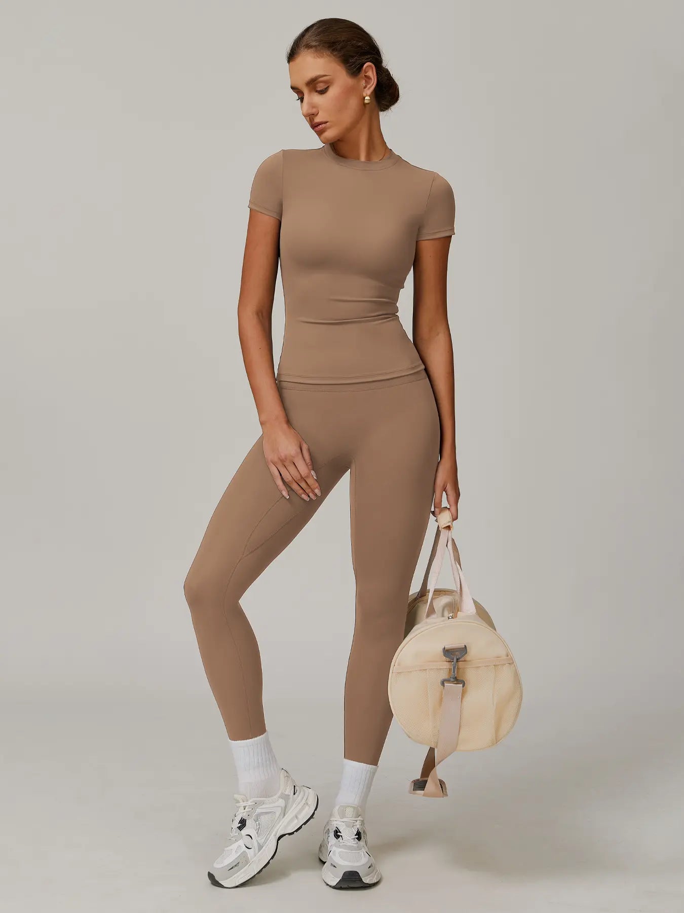 Women's Solid Color Top & High Waist Leggings Sports Set, Casual Comfy Breathable Two-piece Sports…