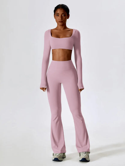 Women's Solid Square Neck Crop Top & High Waist Flare Leg Pants Tracksuit Set, Sporty Comfy…