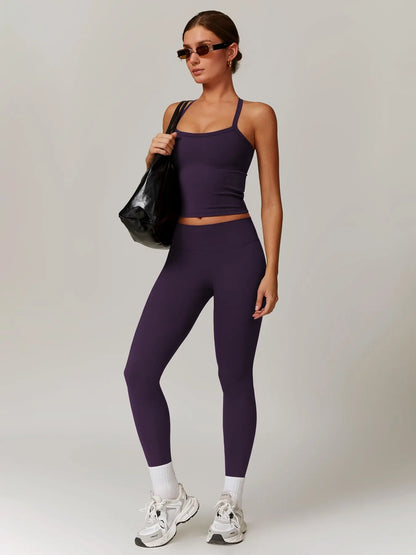 Women's Solid Cut Out Backless Cami Top & High Waist Leggings Tracksuit Set, Sporty Comfy Breathable…