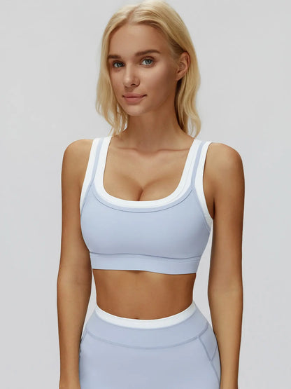 Cross-Border Nude Feel Fake Two-Piece Sports Bra, Ribbed Colorblock Yoga Bra - image 2