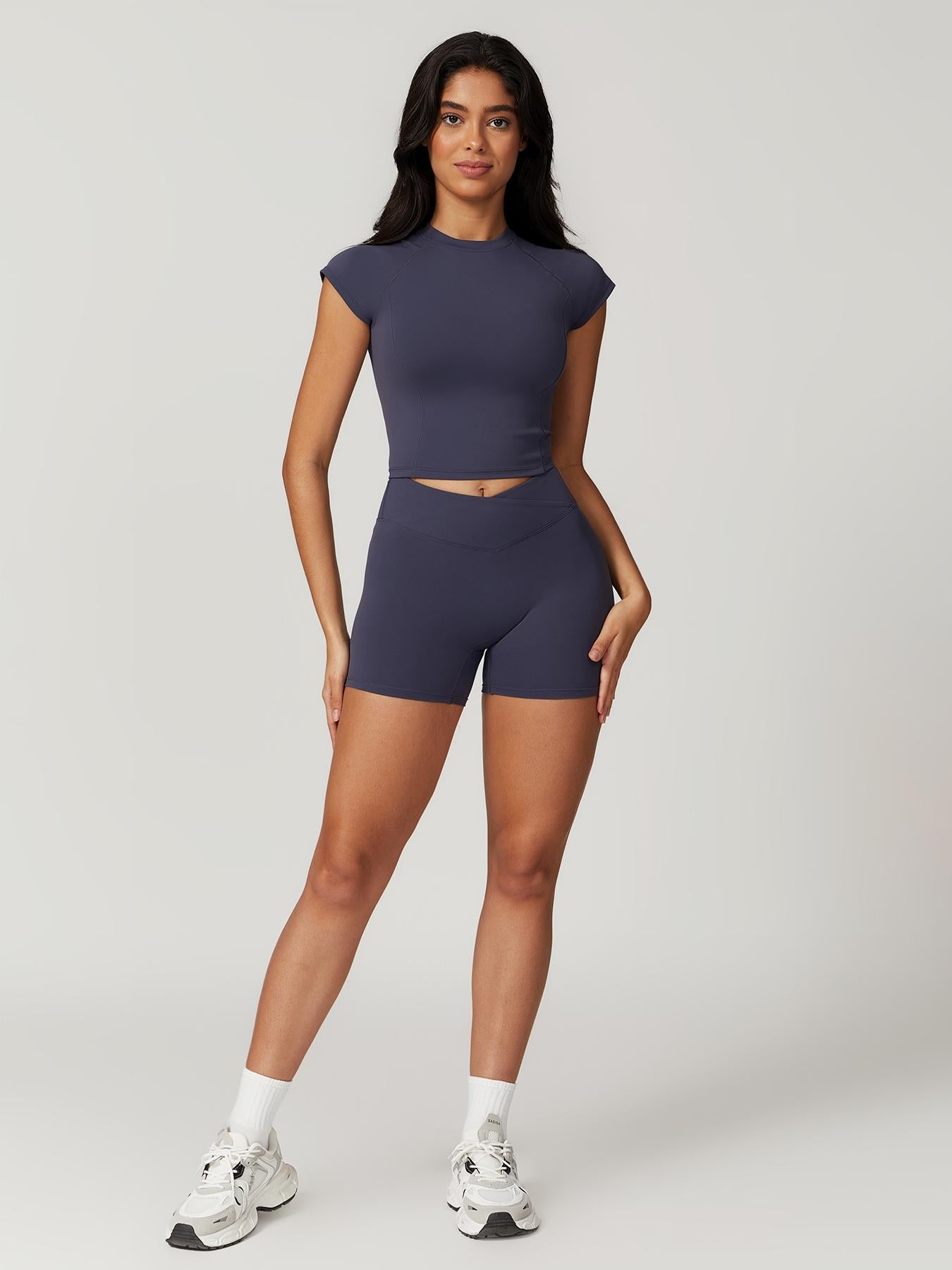 Two-Piece Set Women's Solid Raglan Sleeve Crop Top & High Waist Shorts Tracksuit Set, Sporty Plain… - image 12