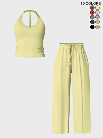 Women's Halter Neck Top & Wide Leg Pants Sports Set, Casual Sleeveless Top & Pants - image 20